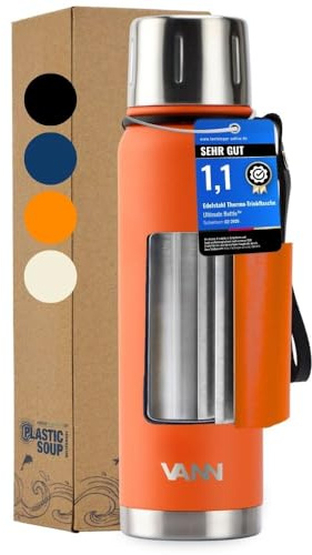 VANN thermoskanne 0,5l - Thermosflasche mit becher [24h kalt, 12h warm] | Thermoskanne für Outdoor - Aus zertifiziertem Edelstahl - Thermotrinkflasche [mit 2-in-1-Deckel, Becher] - Thermos Orange