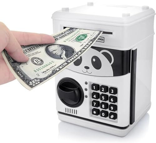 Itian Cartoon Piggy Bank Cash Coin Can with Password, Money Bank Money Safe, Saving Box, ATM Bank Safe Locks Panda Smart Voice, Black+White