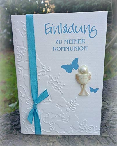 Einladung Einladungskarte Kommunion Konfirmation Schmetterling Kelch türkis türkisblau