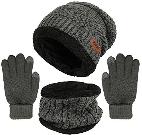 Winter Strickmütze Beanie Mütze Halswärmer Handschuhe Set, Fleece Gefüttert Totenkopf Kappe Infinity Schals Touchscreen Fäustlinge für Männer Frauen, grau, Einheitsgröße