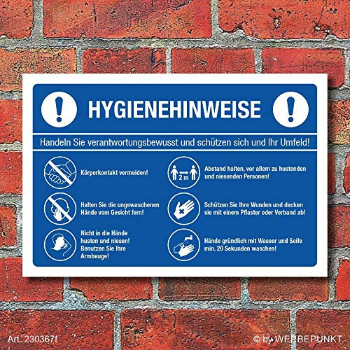 Schild Hygienehinweise Hände waschen Abstand halten Niesen 300 x 200 mm