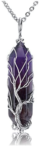 JSDDE Natural Amethyst Crystal Stone Necklace Life Tree Silver Wrapped Quartz Gemstone Pendant Necklaces Jewelry for Women Gift