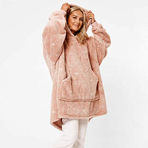 Sienna Oversized Hoodie Decke Teddy Glitter Fleece Warm Cosy Fluffy Throw Tragbare Decke Hoodie Sweatshirt mit großer Tasche für Frauen Erwachsene One Size - Blush Pink