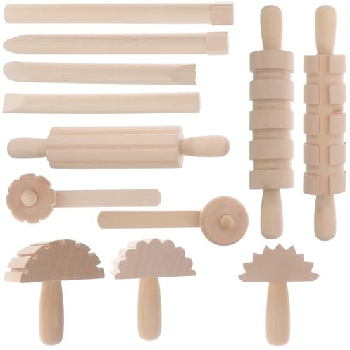 jojofuny 12pcs Wooden Clay Modelling Tools Set: Kids Rolling Pin Set for Dough, Crafts, Baking - Cutters Stamping Tools for Creative DIY Activities Crafting
