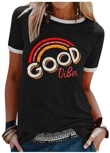 WIEIYM T Shirt Damen Good Vibes T-Shirt Kurzarm Rundhals Sommer Baumwollmischung Tshirt Tops(Schwarz,L)