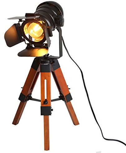 INJAK Industrial Tripod Table Lamp for Living Room Wood Standing Large Lighting Black Adjustable Cinema Metal Lampshade Studio Lights E27 Socket Farmhouse Retro Desk Lamps for Bedroom Office Reading