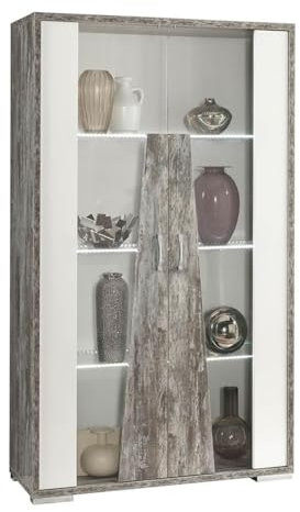 AltoBuy Denys - Vitrine 2 Portes Laqué Blanc et Effet Bois Taupe