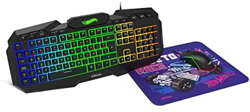 KROM Kit teclado, ratón y alfombrilla edición Hot Wheels KUSTOM- Teclado membrana RGB, Ratón con sensor óptico 7200 DPI, alfombrilla tela suave y resistente, layout español, color negro