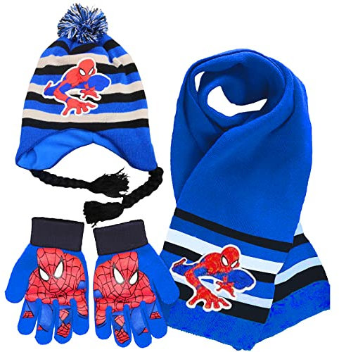 wopin 3 Pcs Spiderman Schal-Set Winterhandschuhe Mützen Schals Anzug,Spiderman Bedruckte Schals Handschuhe Mützen Winter Herbst Frühling Schal Strickmütze Kombiset Strickset für Kinder Jungen Mädchen