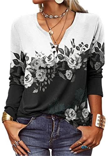 GRMLRPT T-Shirt col V Blouses à Manches Longues pour Femmes Imprimé Tunique Tops Lâche Chemisier T-Shirts pour Femmes Sweat-Shirt Tuniques Basiques Haut Automne(Noir-U,L)
