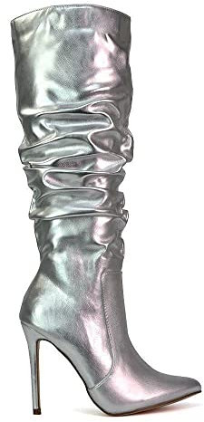 Womens Stiletto Knee High Boots Ladies Slouched High Heel Pointed Toe Daytime Evening Long Shoes Silver Metallic