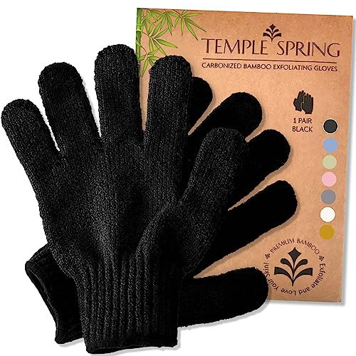 TEMPLE SPRING - Guanti Esfolianti per Lavaggio, Guanto Esfoliante in Bambù, Scrub per Bagno/Doccia, Guanto per Esfoliazione del Corpo, Scrub di Bellezza/Loofah, Rimozione della Pelle Morta - Neri