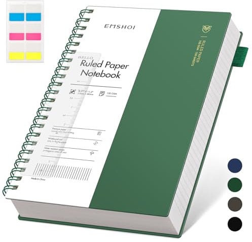 EMSHOI A4-Notizbuch, liniert, 300 Seiten/150 Blatt, Spiralblock, 100 g/m² dickes Papier, wasserdichtes Softcover, Schreibtagebuch für Damen und Herren, Arbeit, Büro, Schule, 21,5 x 27,9 cm, Dunkelgrün