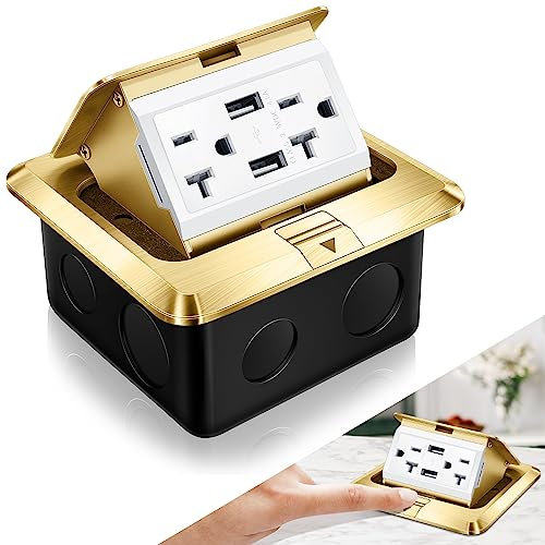 Hoolerry 1 Pack Pop up Floor Electrical Outlet Cover Box Kit with 4.8A USB Charger 20Amp Waterproof Weatherproof Floor Tamper Resistant Outlet Receptacle for Countertop Home (Gold)