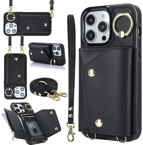 PRIVHOM Crossbody Case for iPhone XR Cover, Leather Crossbody Wallet Phone Case with Adjustable Removable Lanyard Strap,Cord Lanyard Shockproof Protective Case Black