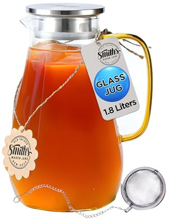 Smiths Mason Jars Carafe à eau classique en verre de 1,8 l avec couvercle à 2 voies, pichet en verre élégant et polyvalent avec couvercle, peut contenir jusqu'à des températures allant de 4,4 °C