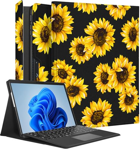 Wazzasoft for Microsoft Surface Pro 9 Case 13 Inch 2022 for Women Girls Cute Folio Cover Black Sunflower Pretty Protection Compatible with Type Cover Keyboard for Windows Surface Pro 9 Case 13 Tablet