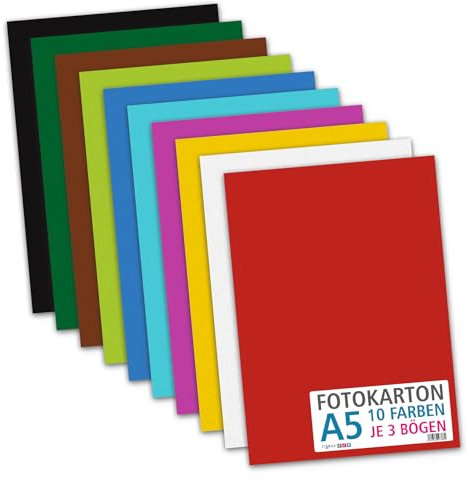 itenga Fotokarton Bogen farbig sortiert DIN A2 A3 A4 A5 A6-300 g/qm 30 Blatt - Tonkarton Bastelkarton Bastelpapier 10 Standardfarben - pro Farben je 3 Blatt (DIN A5-30 Blatt 10 Farben 300 g/qm)