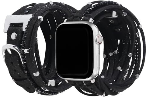 Fashion Multilayer Wrap Suede Strap Compatible with Apple Watch Bracelet for Women 38mm/40mm/41mm 42mm/44mm/45mm/49mm,Boho Leather Wrap Bands,Fancy Beaded Leather Cuff Dressy Pretty Straps for iWatch