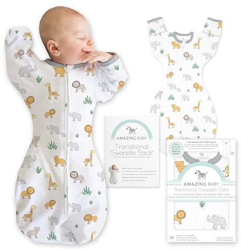 Amazing Baby Übergangs-Pucksack Baby, Pucktuch & Puckschlafsack für Neugeborene mit Arme-nach-Oben-Design, halblangen Ärmeln & Fäustling-Bündchen, L, 6-9 Monate, On Safari
