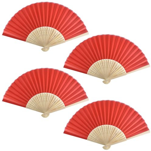 Colexy 4 Pièces Éventails Pliants en Tissu de Soie avec Frange, Eventails à Main Pliables Bambou Creux Sculpté Éventail Pliant de Style Chinois pour Cadeau de Fête Décoration Danser (Rouge)