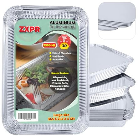 ZXPR Aluminium Foil Trays with Lids - Pack of 20 & 30 Pcs Disposable Foil Food Containers for Food Storage, Baking, BBQ, Roasting, Takeaway and Party (1000ml & 2300ml) (Large 30pcs / 2300ml)