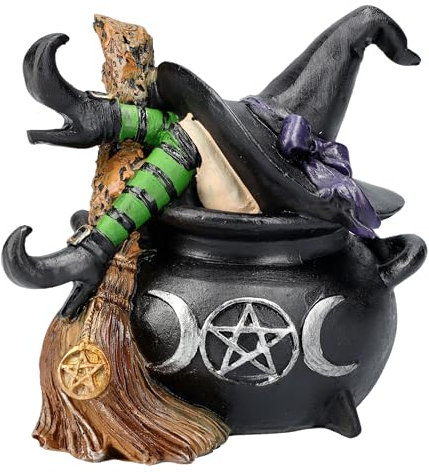 Figuren Shop GmbH Hexenfigur in Kessel Gefallen - Lustige Deko mit Dreifach-Mond & Pentagramm, Hexenhut, Besen, 10cm