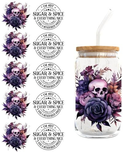 UV DTF Tasse Wrap Transfer Sticker,5 Blätter Rub on Transferaufkleber Aesthetic für Glas Kaffee Becher Wasserdicht Blumen Transfer Sticker Transferfolie für 16oz Glasbecher Glas Tassen Dekor