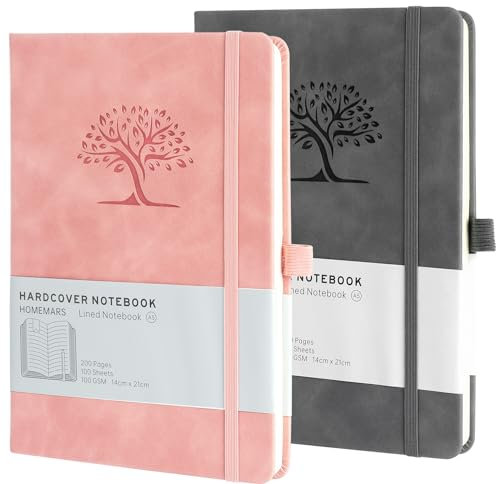 HOMEMARS Notizbuch, Notebook, A5, Journal buch, Reisetagebuch, Liniert A5, Notizblock, Notizbücher A5, 100GSM, 200Pages, 2 Stück, Reisetagebuch, Notizbuch Leder, Prägebaum Design,Rosa Grau