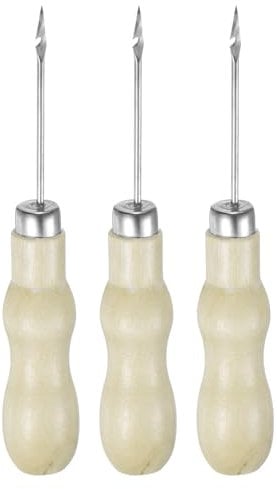 sourcing map 3pcs Handwork Sewing Awl Double Gourd Hook Head Leather Punch Hole Tool with Wooden Handle Scratch for Broken Wire Make Mark Drilling Stitching Repair and DIY Handmade, Log Color