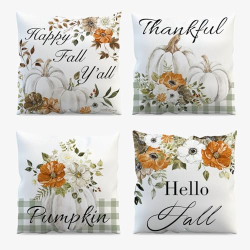 AIBIIN Herbst-Kissenbezüge, 45 x 45 cm, 4 Stück, Herbst-Kürbis-Blumenmuster, Leinen, Überwurf-Kissenbezüge für Sofa, Couch, Zuhause, Schlafzimmer, Dekoration