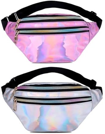 Bauchtasche Glitzer Bunt Neon Damen Wasserdicht Sport Verstellbarer Gurt Hüfttasche Silber und Pink Unisex für Damen, Herren