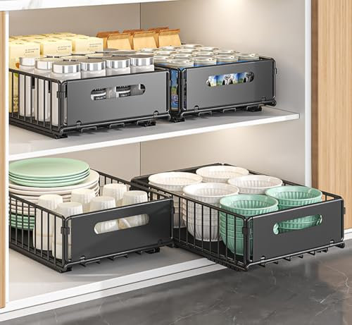 YunNasi Teleskopschublade,Erweiterbar Ausziehbare Schubladen-Aufbewahrungsregale für Küchenschränke,Schubladenregale Herausschieben Kein Bohren und Nageln (schwarz, 4Stück 38D X 25W X 10H CM)