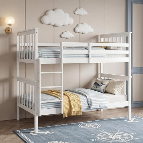 Panana Bunk Bed 3FT Single Wooden Bunky Sleeper Bed,Sturdy Safety Guardrail Kids High Sleeper Bed With Ladder For Kids, Children (White, Can Split in to 2 single beds)