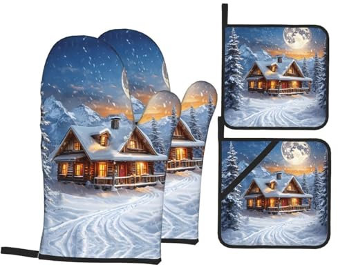 Snow hut Kitchen Baking Set Oven Gloves Heat-Resistant Waterproof Polyester Fabric Outdoor Barbecue Gloves Barbecue mats 4-Piece Set