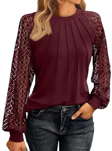 Générique Blouse Femme Chemisier Manches en Dentelle Découpées Tee Shirt Manches Longues Couleur Unie Col Rond Chic Élégante Décontractée Vin S