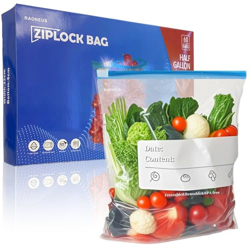 60PCS RAONEUS Zip Lock Bags Medium Freezer Bags 2.27L Zip Food Bags with Expandable Bottom Airtight and Leakproof BPA Free Reusable for Food Storage, Snacks, Fruits,Sandwich (Half Gallon)