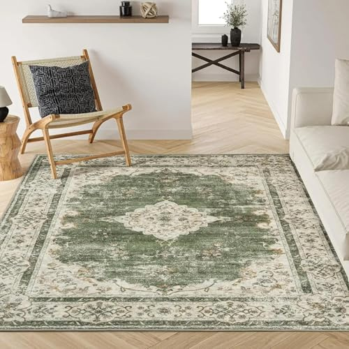 AAFUOO Waschbarer Teppich, großer Boho-Vintage-Antiquitätenteppich, rutschfest, Orientteppich für Wohnzimmer, Schlafzimmer, Teppich mit Used-Look und Retro-Druck für Esszimmer, Grün, 80 x 120 cm