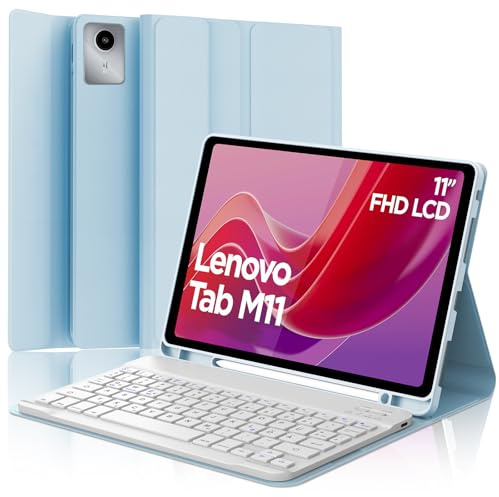 FOGARI Tastatur Hülle für Lenovo Tab M11 11 Zoll 2024, QWERTZ Deutsches Tastatur mit Magnetisch Abnehmbarer Bluetooth für Lenovo Tab M11 (TB330FU / TB330XU), Hellblau