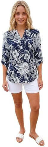Roman Shirt for Women UK Ladies Top Collarless Blouse Stretchy Tunic Smart Casual Autumn Winter Jersey 3/4 Length Sleeve Notch V Neck Flattering Office Work - Navy White Floral - Size 14