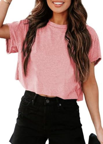 Tankaneo Crop Tops Damen Oversize Sport Oberteile Cropped Shirts Rundhals Loose Bauchfrei Sommertop Kurz T-Shirts.Rosa.L