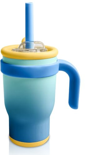 Taza térmica con pajita, 420 ml, vaso para niños con tapa y asa, taza de café de doble pared de acero inoxidable, a prueba de fugas, vaso térmico al vacío para bebidas frías y calientes (lila)