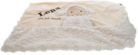 Jessis Geschenkeschmiede Babydecke Schaf Bestickt mit Namen und Geburtstag - Krabbeldecke, Kinderdecke - Geschenk für Neugeborene, zur Taufe