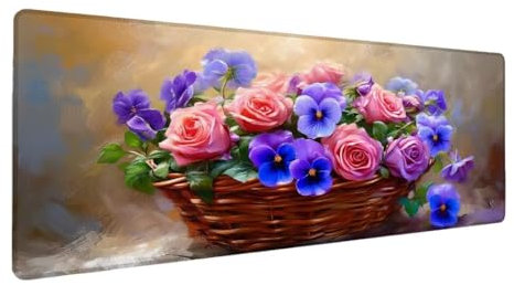 Gaming Mauspad XXL 800x400x3mm, Blume Mauspad, Große Blumenkorb Schreibtischunterlage Tastatur Matte, Rutschfeste Gummibasis Schreibtisch Matte, Genähte Kanten Mouse Pad Desk Mat Für Home Computer Q-7