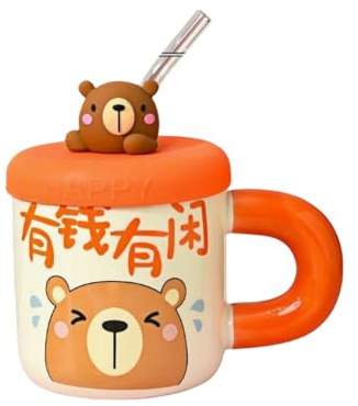 Zeyeo Tazza Da 400 Ml In Ceramica Con Coperchio A Forma Di Animale Dei Cartoni Animati, Per Bere La Colazione, Lavabile In Lavastoviglie(Rich and free-Little Bear)
