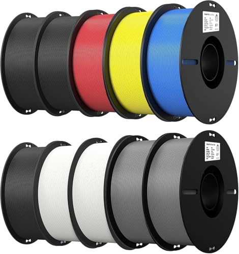 Creality Ender PLA 1,75 mm Pack de 10 Filaments pour Imprimante 3D, Anti-nœuds, Forte Adhérence et Excellente Tenue des Surplombs, Précision +/- 0,02 mm (3Noirs, 2Blancs, 2Gris, 1Bleu, 1Rouge, 1Jaune)