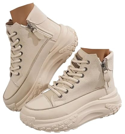 Xbemkste Freizeitschuhe Damen High Top Plateauschuhe mit Reißverschluss Schicke Schnürschuhe Bequeme Walkingschuhe Sneaker Damen Schuhe mit Plateau
