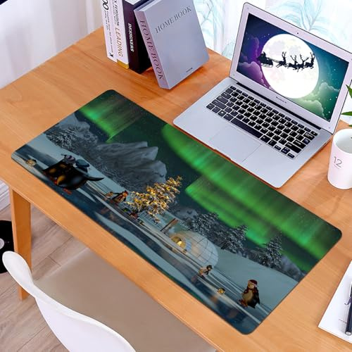 KDWJS Gaming Mouse Pad Mouse Mat - 35.5 x 16 in - XXL mousepad - Table mat large size - improved precision and speed - Northern lights, penguins over frozen lake with arctic circle christmas tree, gr