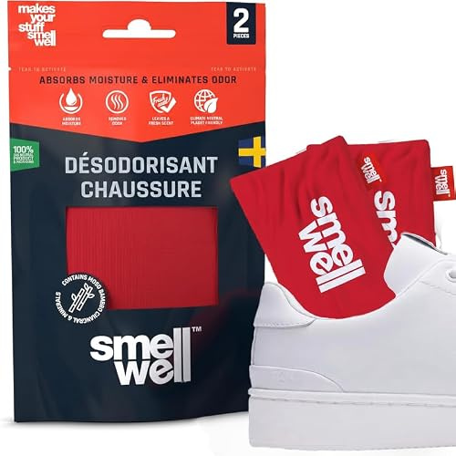 SmellWell Active Shoe Deodorizer for Shoes, Anti-Odor, Antibacterial, Bamboo Activated Carbon, Absorbs Odors and Moisture for Shoes and Bags, Red, 1 Pair