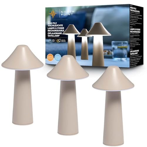 Northpoint Moderne LED Akku Tischleuchte in Pilzform im 3er-Set für den Innen- und Außenbereich stufenlos dimmbar USB-Ladung CCT Farbwechsel (beige, Zeltform)